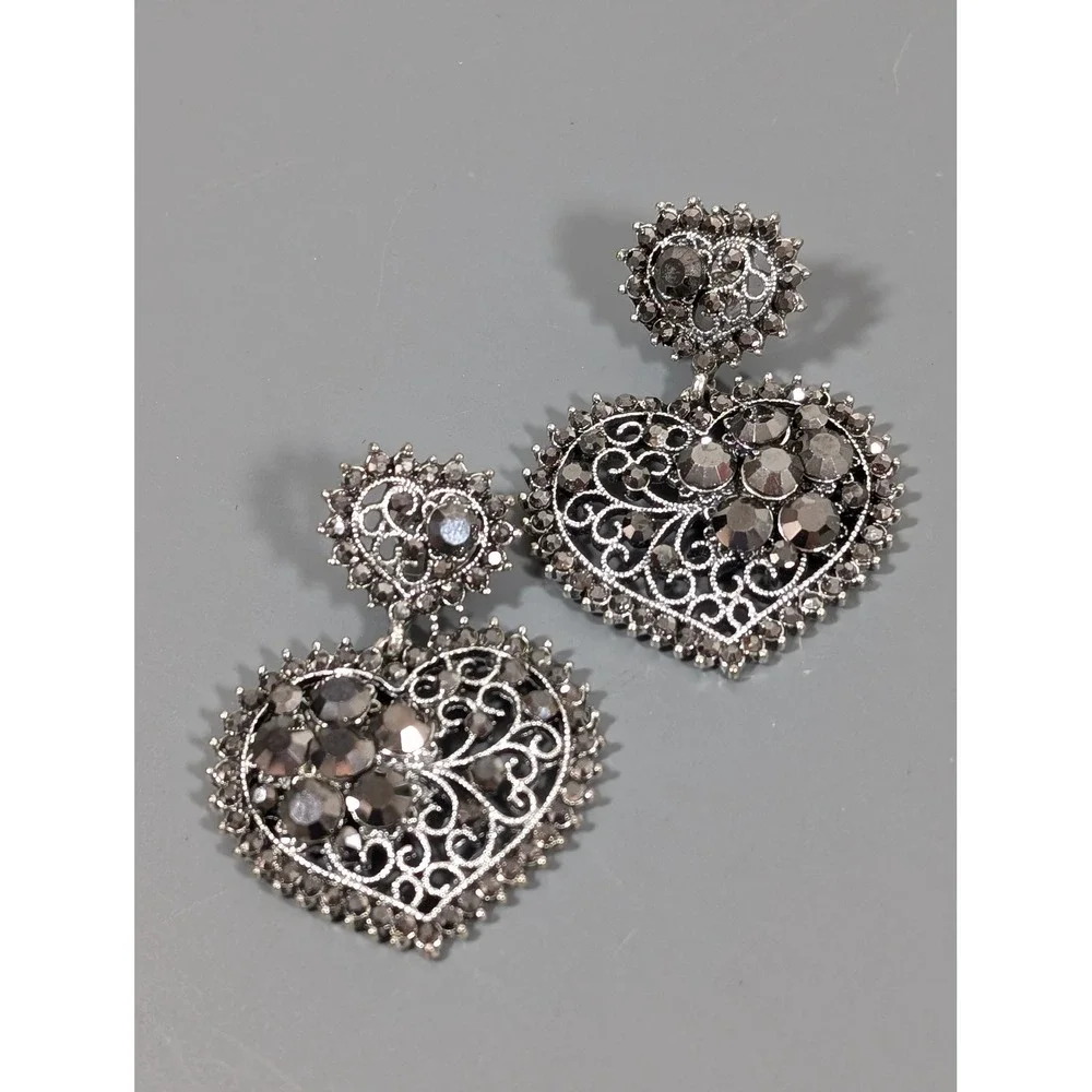 Large‎ Heart Dangle Earrings Silver Tone Openwork Gray Rhinestone Pierced